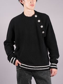 【ラスト1点】BUTTONED CASHMERE CREWNECK / カシミア クルーネックセーター (ボーダーニット セーター) / ブラック / メンズ
