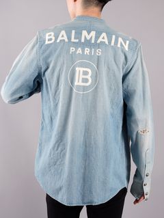 【ラスト1点】BALMAIN LOGO DENIM SHIRT / デニムシャツ (長袖) / ブルー / ダメージ加工 / メンズ