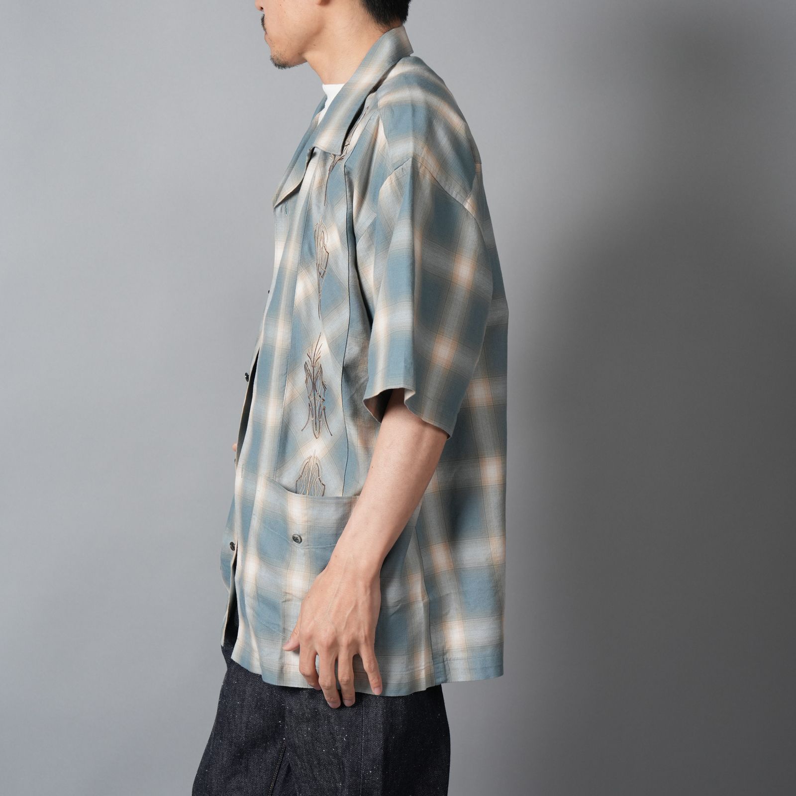 OMBRE PLAID CURBAN SHIRTS (SS)  / 半袖シャツ (ブルー)