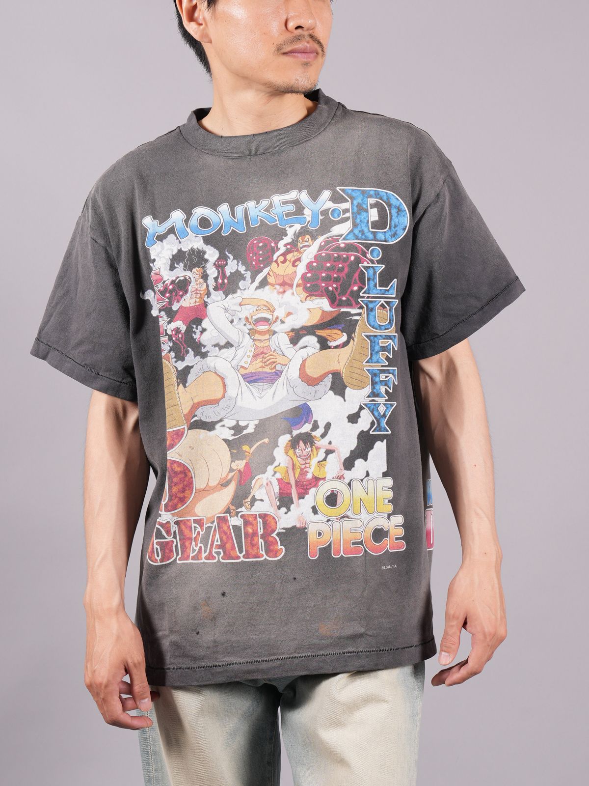 SAINT MICHAEL セントマイケル Tシャツ サイズ:XL 23AW ONE PIECE ワンピース ヴィンテージ加工 モンキー・D・ルフィ クルーネック 半袖 Tシャツ OP_SS T-SHIRT / LUFFY ブラック 黒 トップス カットソー コラボ【メンズ】