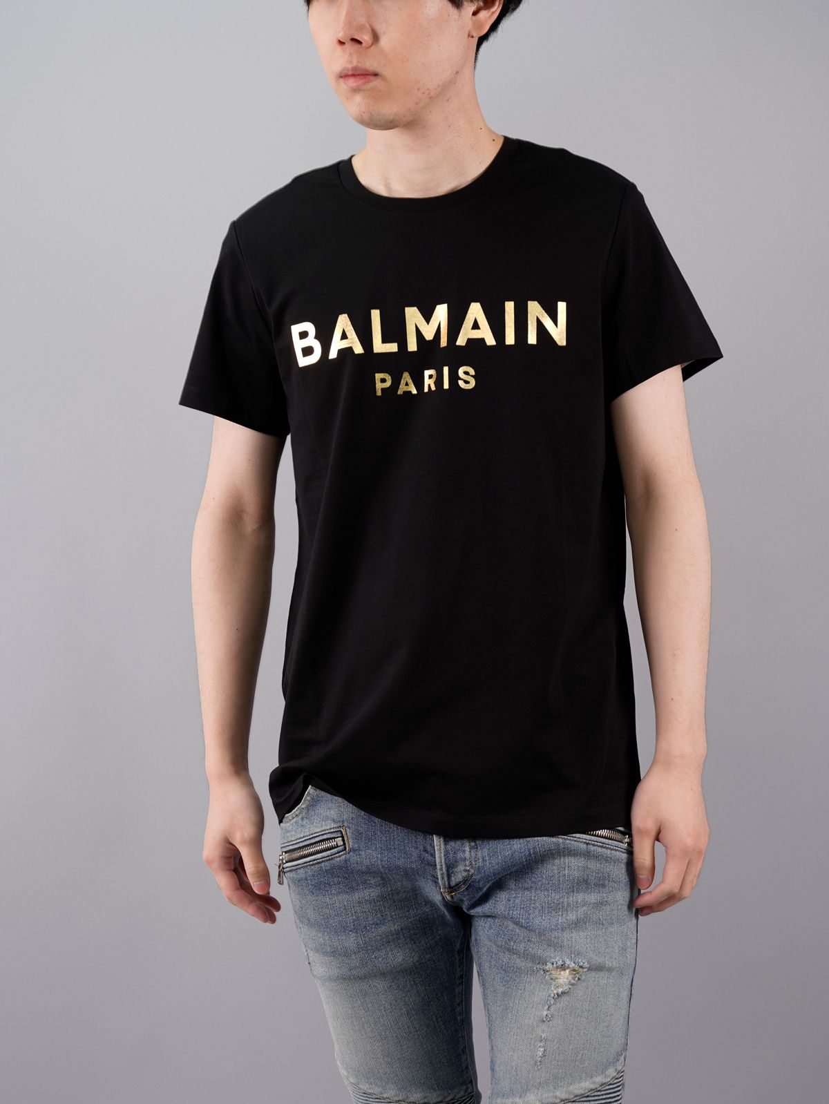 【ラスト1点】Black Cotton T-shirt Gold Balmain Paris Metallic Logo