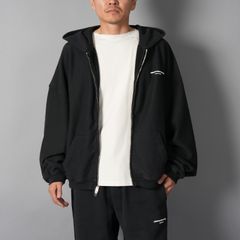 OVERSIZED ZIP-UP HOODIE W/ LOGO PRINT / オーバーサイズ ジップアップフーディー ロゴプリント / ジップアップパーカー (ウォッシュドブラック)