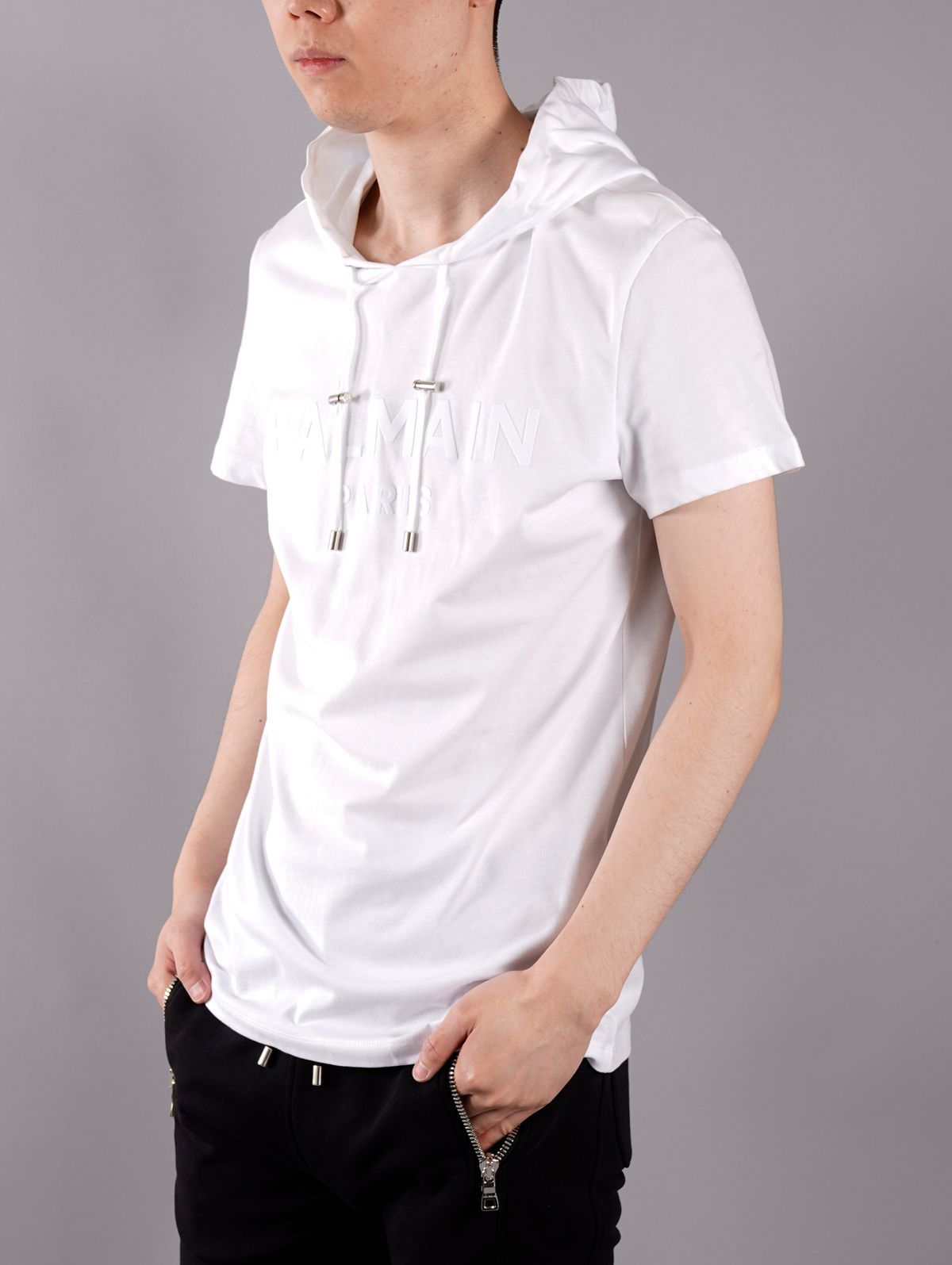 【ラスト1点】HOODED BALMAIN SHORT SLEEVE / ロゴ Tシャツ フーディー / ホワイト / コットン / メンズ
