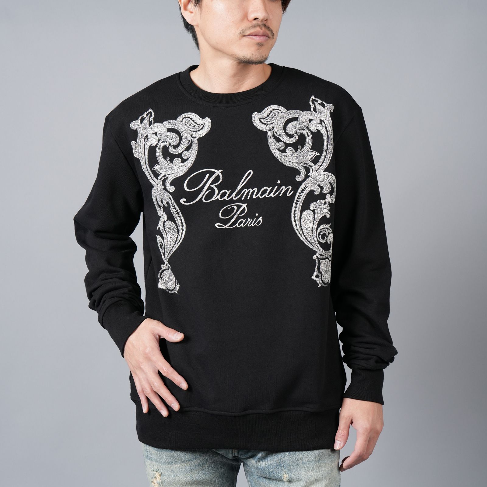 【ラスト1点】BALMAIN SIGNATURE PAISLEY PRINT SWEATSHT / バルマン シグニチャー ペイズリー プリント スウェットシャツ (ブラック)