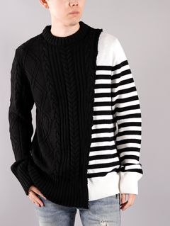 【ラスト1点】BH2 KNIT TOP DECONSTRUCTED / ケーブル ボーダー ニット (クルーネック) / ブラック・ホワイト / メンズ