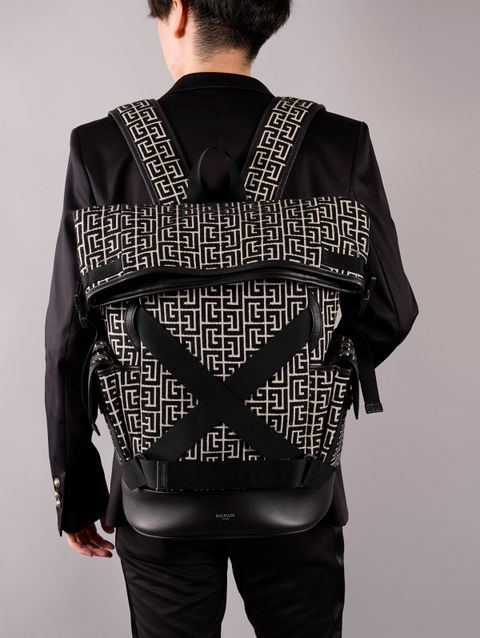 【ラスト1点】BH2 BAG BACKPACK MONOGRAM GFE TU / モノグラム ジャカード バックパック (リュック) / ブラック / レザーパネル付き (ブラウン)  / 定番商品 / メンズ