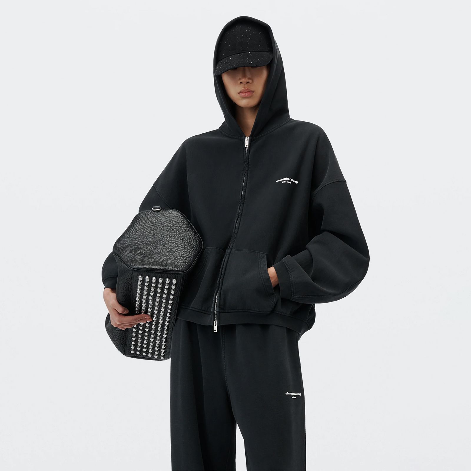 OVERSIZED ZIP-UP HOODIE W/ LOGO PRINT / オーバーサイズ ジップアップフーディー ロゴプリント / ジップアップパーカー (ウォッシュドブラック)