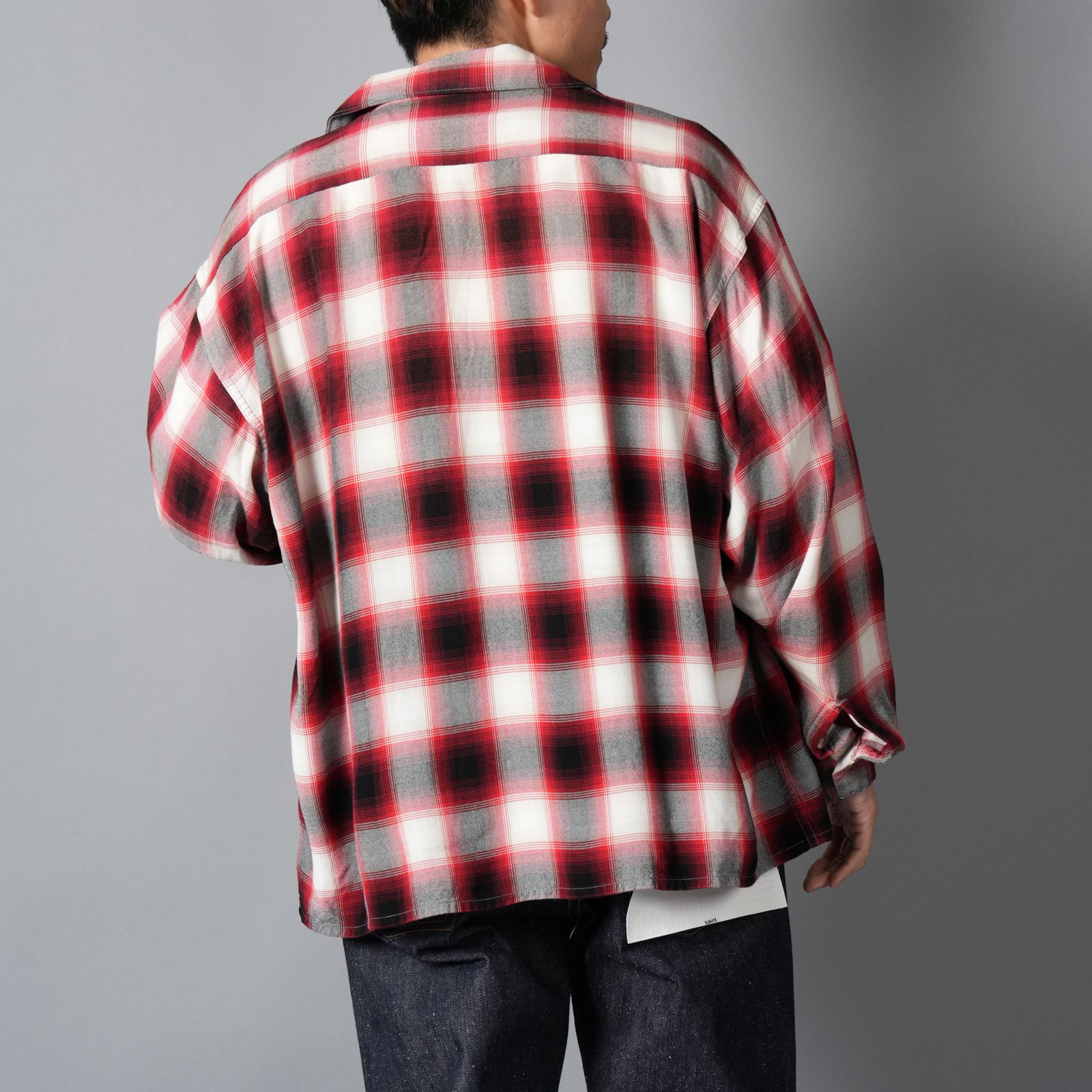 【ラスト1点】SM-MK8-0000-045 / RAYON SHIRT / CHECK / RED / ロングスリーブシャツ (レッド)