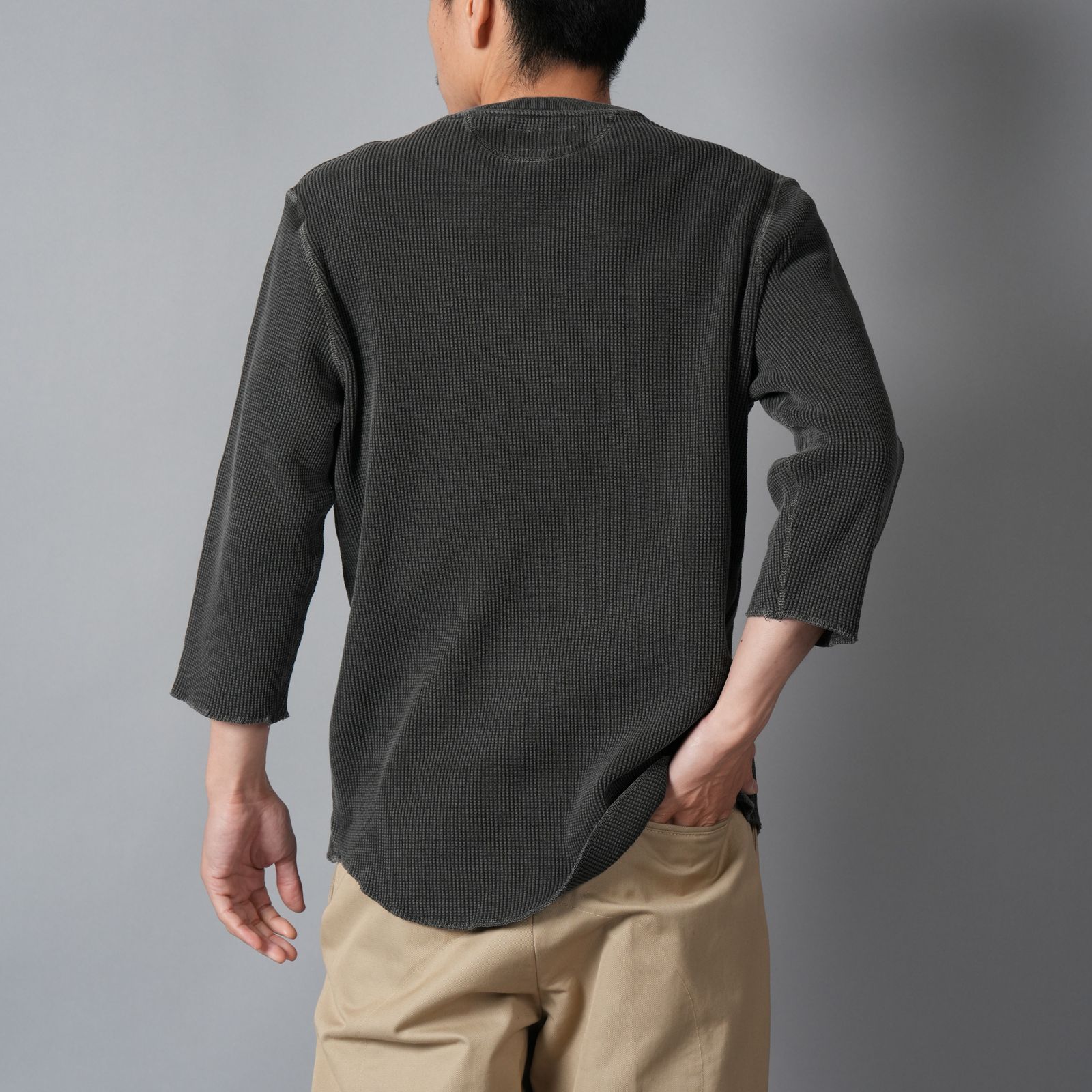 WAFFLE HENLEY (3/4)SLEEVE / ワッフル ヘンリーネック Tシャツ (ブラック)