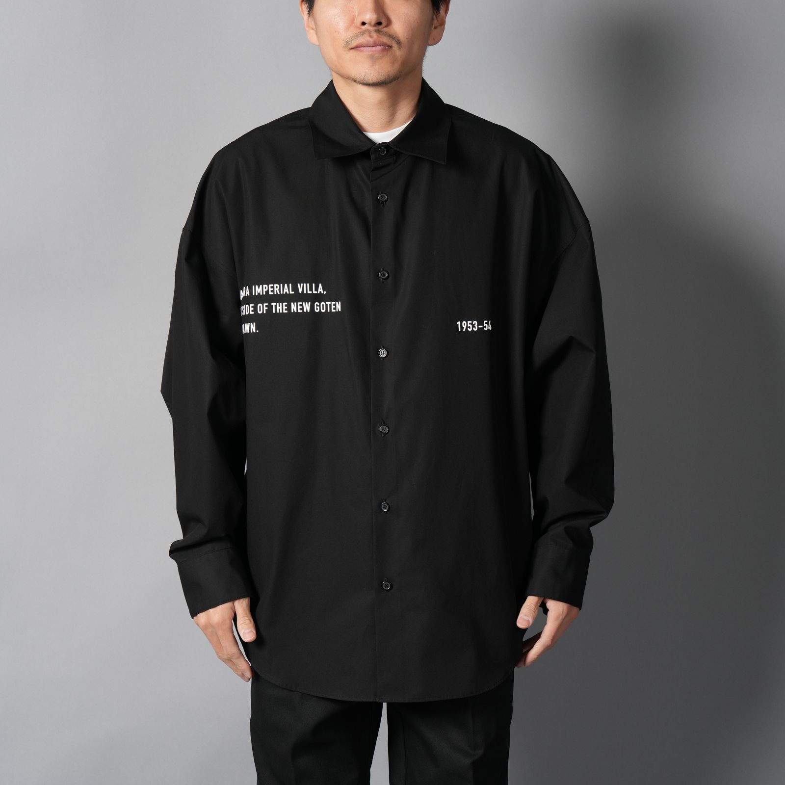 【YASUHIRO ISHIMOTO】WOEVEN KIMONO SLEEVE PRINT SHIRTS / キモノ スリーブ プリントシャツ(ブラック)