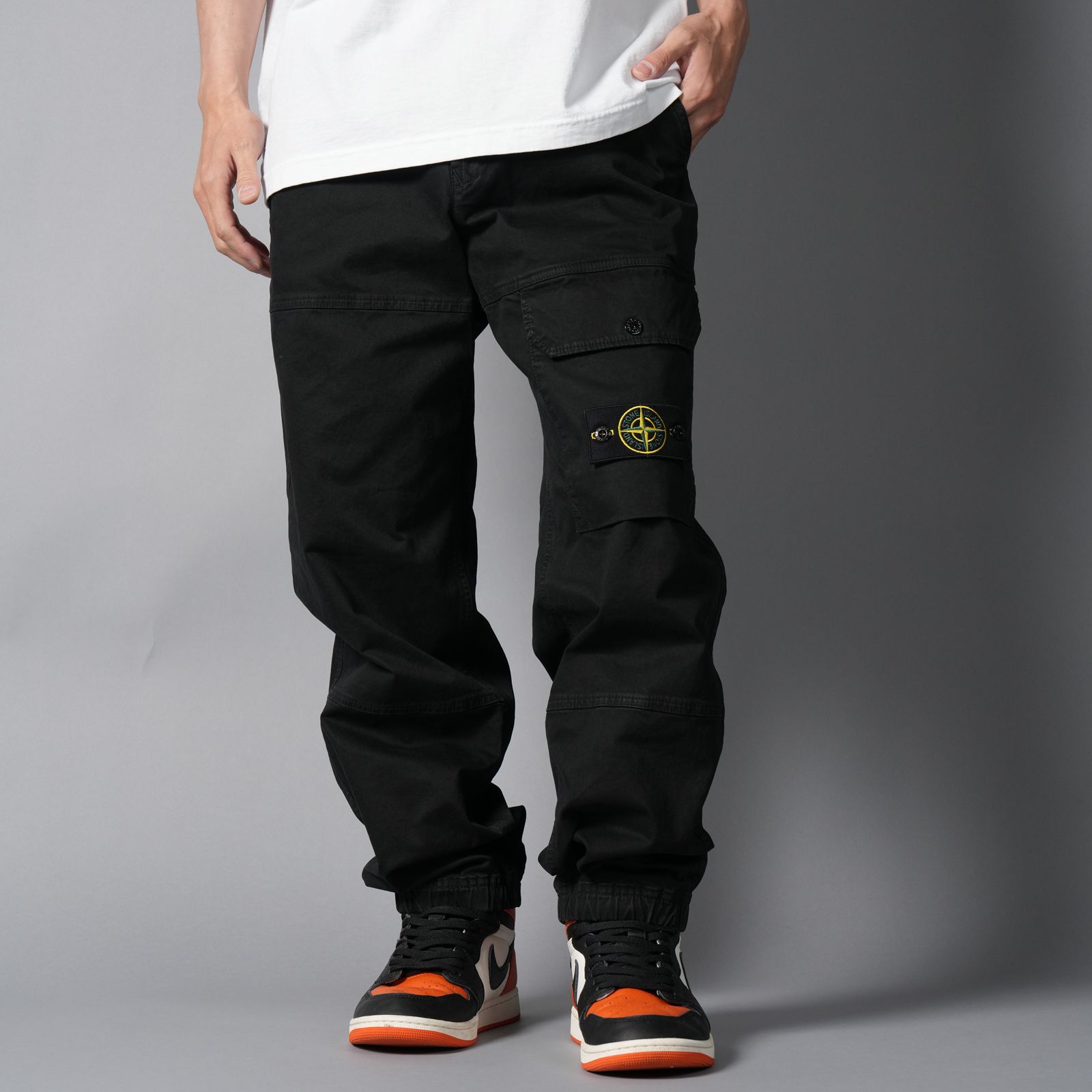 3100010 ORGANIC COTTON STRETCH BROKEN TWILL 'OLD' EFFECT / カーゴパンツ (ガーメントダイ) (ブラック)