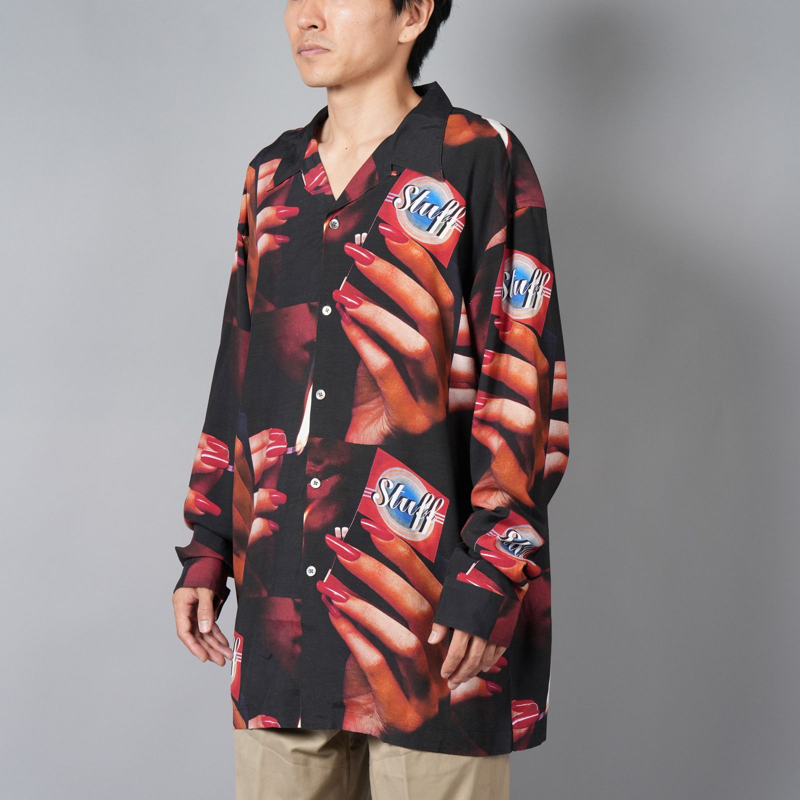 【ラスト1点】PRINTED OPEN COLLOAR SHIRTS L/S "STUFF" オープンカラーシャツ (ブラック)