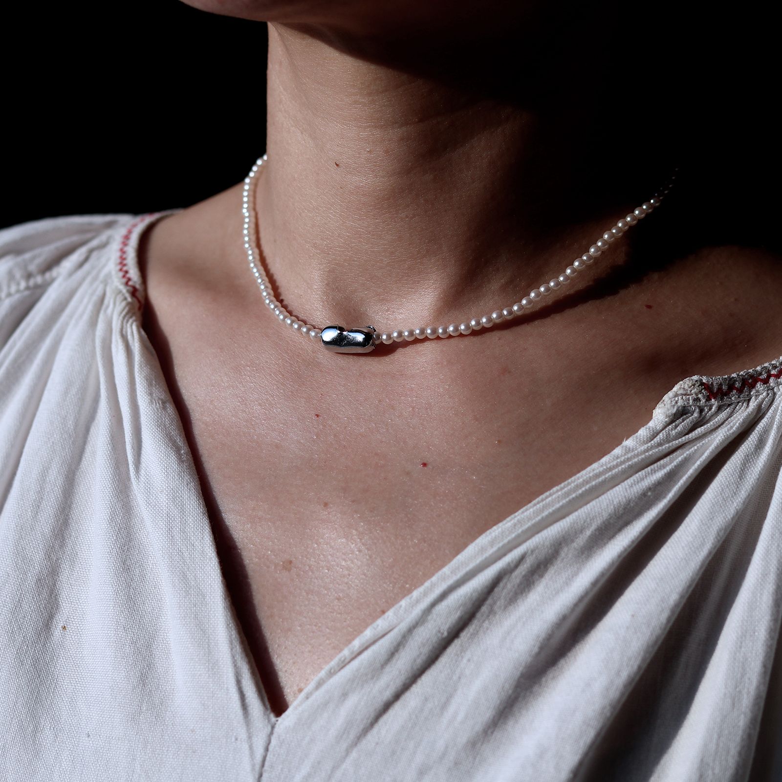 「pearl ball chain necklace」シルバー ネックレス