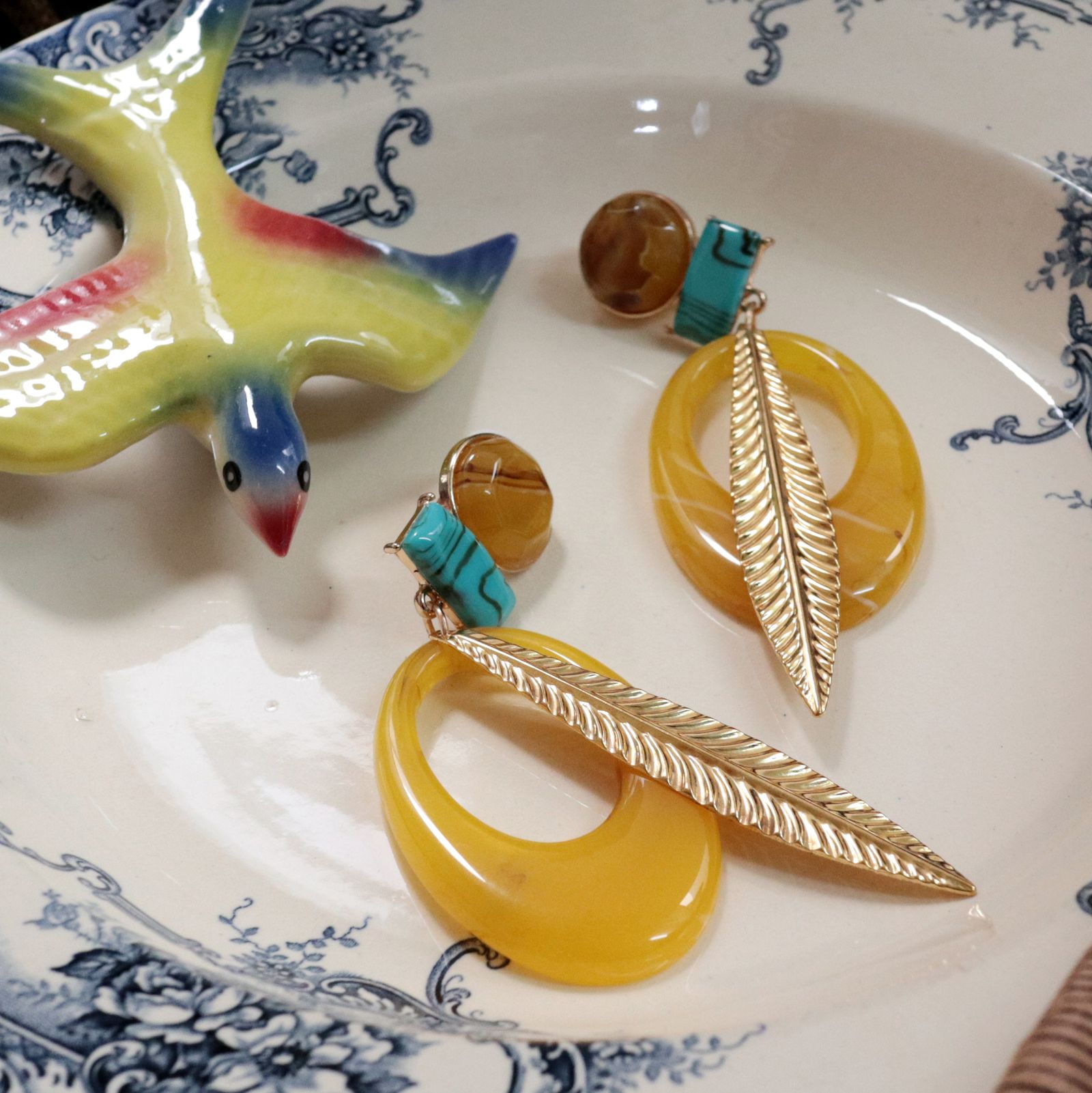 「ターコイズ&ロングリーフ」イヤリング