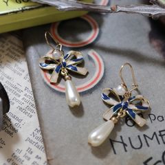 「パールドロップ＆リボン」ピアス フランス