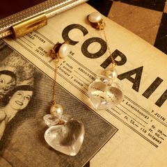 「立体クリアハート&リボン」イヤリング フランス