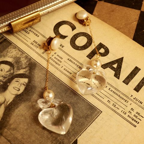 「立体クリアハート&リボン」イヤリング フランス