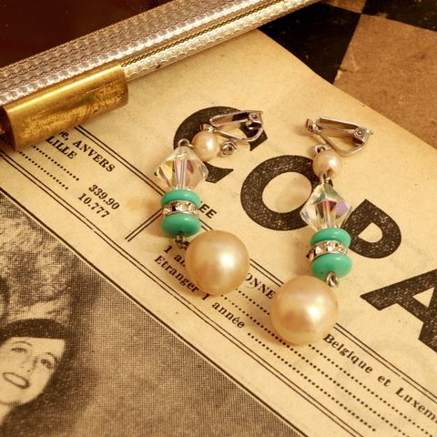「ターコイズブルー&パール」イヤリング フランス