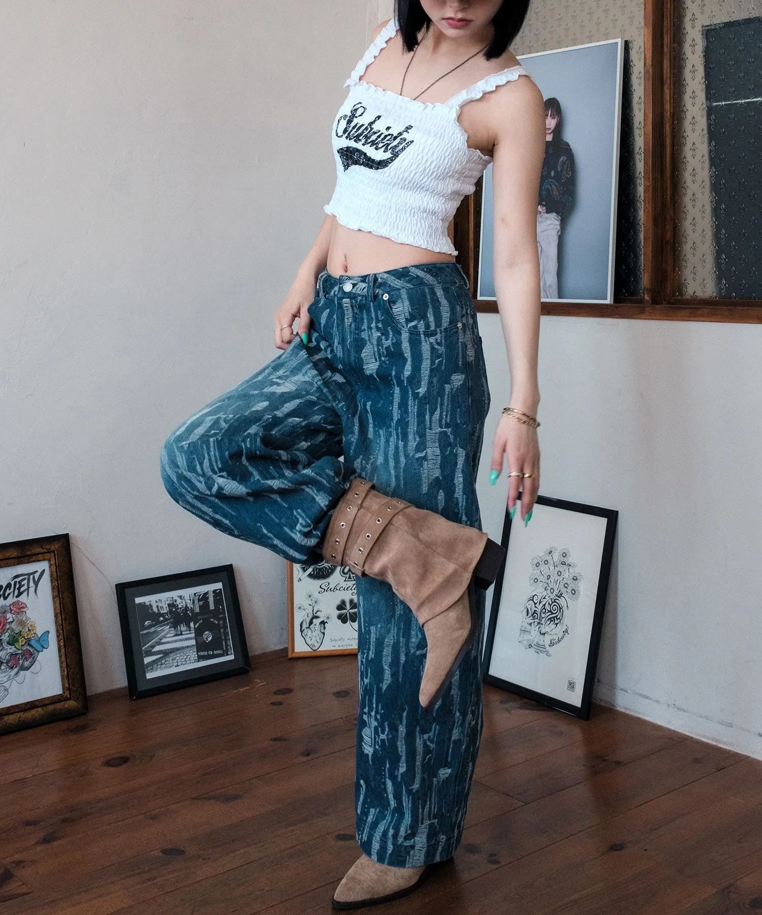 Splited denim pants