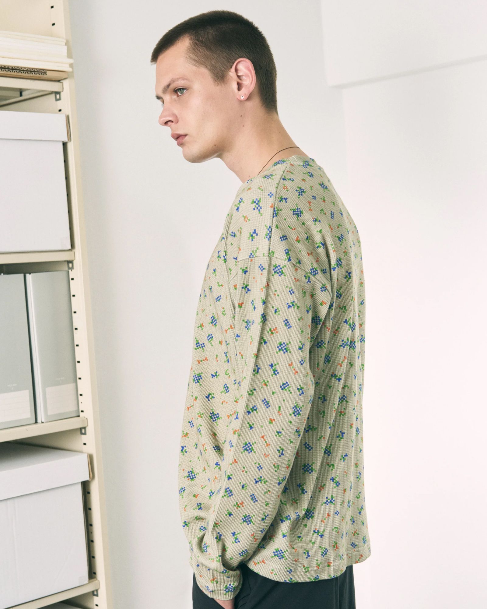 Flower L/S Waffle Thermal / ワッフル ロングスリーブTシャツ / ブラック / PD-262-LCS-021