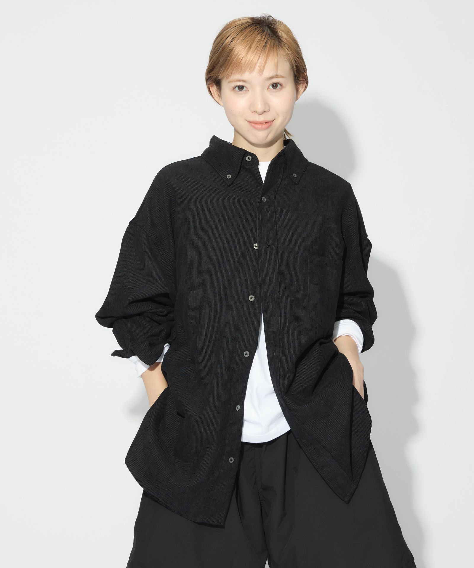 OVERSIZED CORDUROY SHIRT / オーバーサイズ コーデュロイ シャツ / ブラック / MTM-SH-0164-23-C