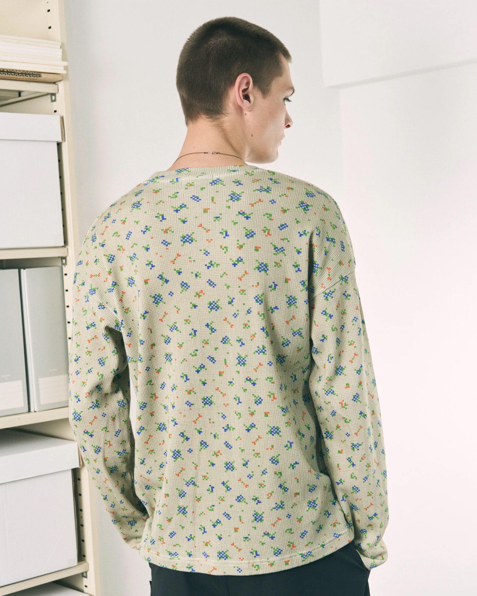 Flower L/S Waffle Thermal / ワッフル ロングスリーブTシャツ / ブラック / PD-262-LCS-021