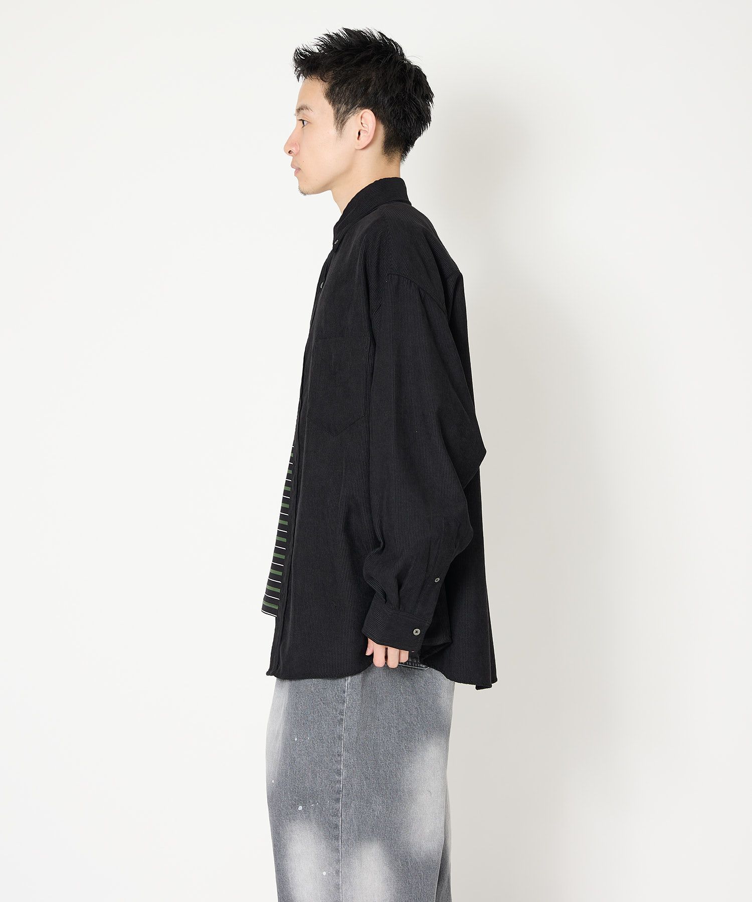OVERSIZED CORDUROY SHIRT / オーバーサイズ コーデュロイ シャツ / ブラック / MTM-SH-0164-23-C