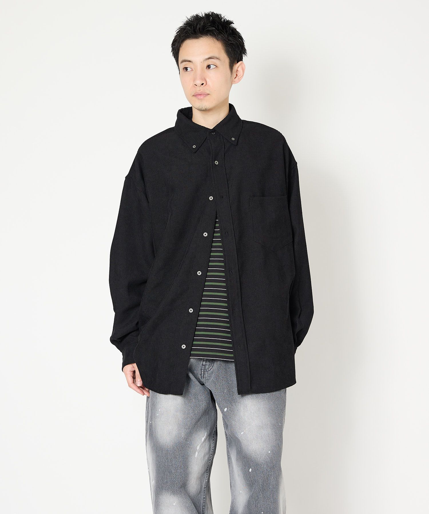 OVERSIZED CORDUROY SHIRT / オーバーサイズ コーデュロイ シャツ / ブラック / MTM-SH-0164-23-C