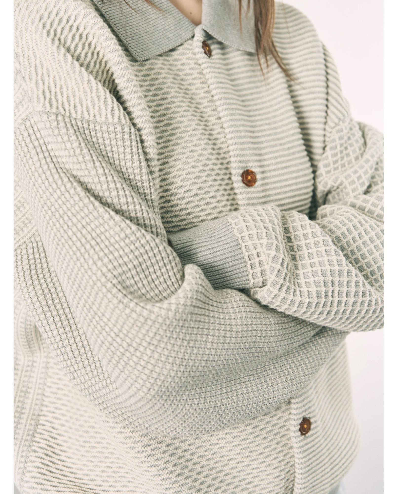 Multi Knit Shirt Jacket / シャツ ニット / グレー×オートミール / PD-262-KN-051