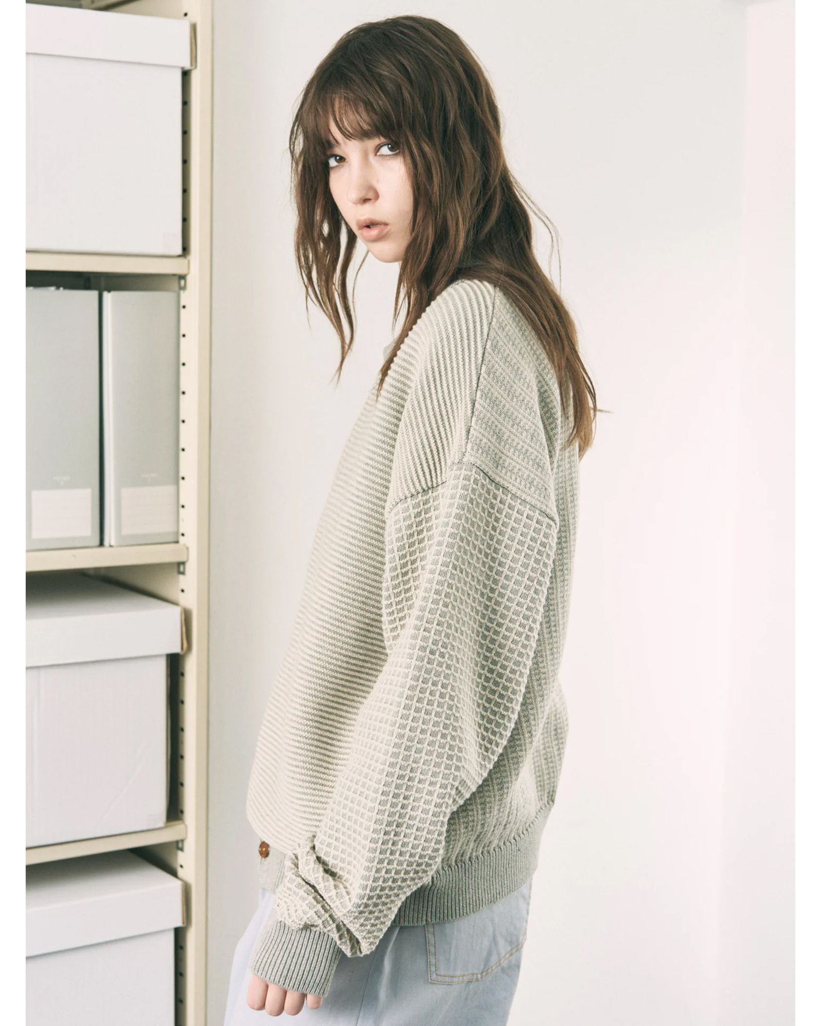 Multi Knit Shirt Jacket / シャツ ニット / グレー×オートミール / PD-262-KN-051
