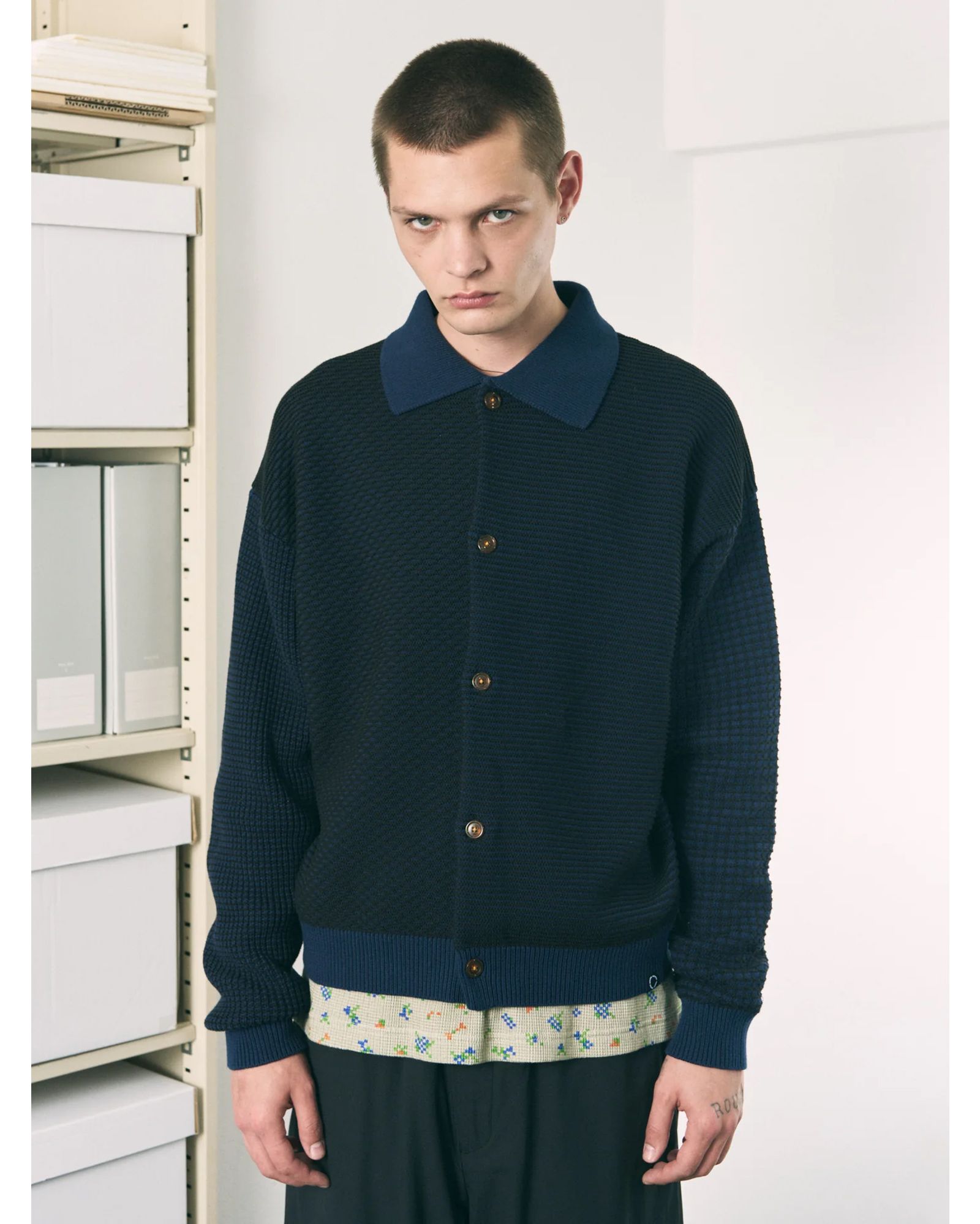 Multi Knit Shirt Jacket / シャツ ニット / ネイビー×ブラック / PD-262-KN-051