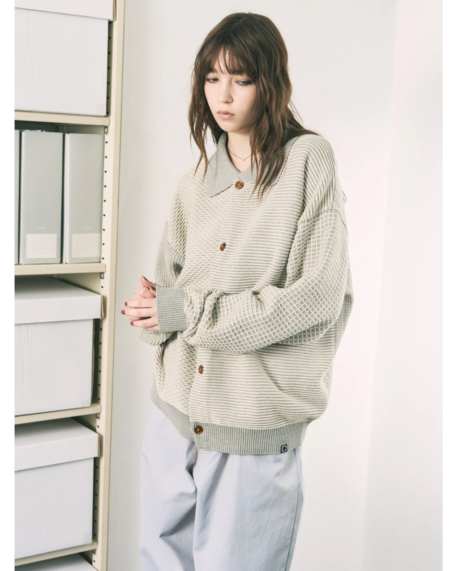 Multi Knit Shirt Jacket / シャツ ニット / グレー×オートミール / PD-262-KN-051