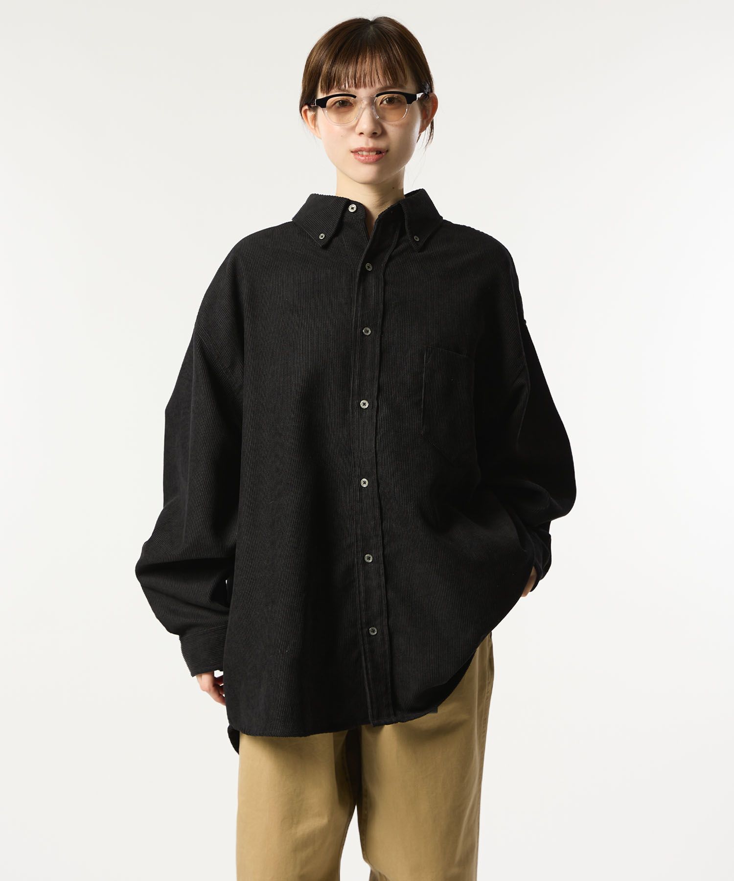 OVERSIZED CORDUROY SHIRT / オーバーサイズ コーデュロイ シャツ / ブラック / MTM-SH-0164-23-C