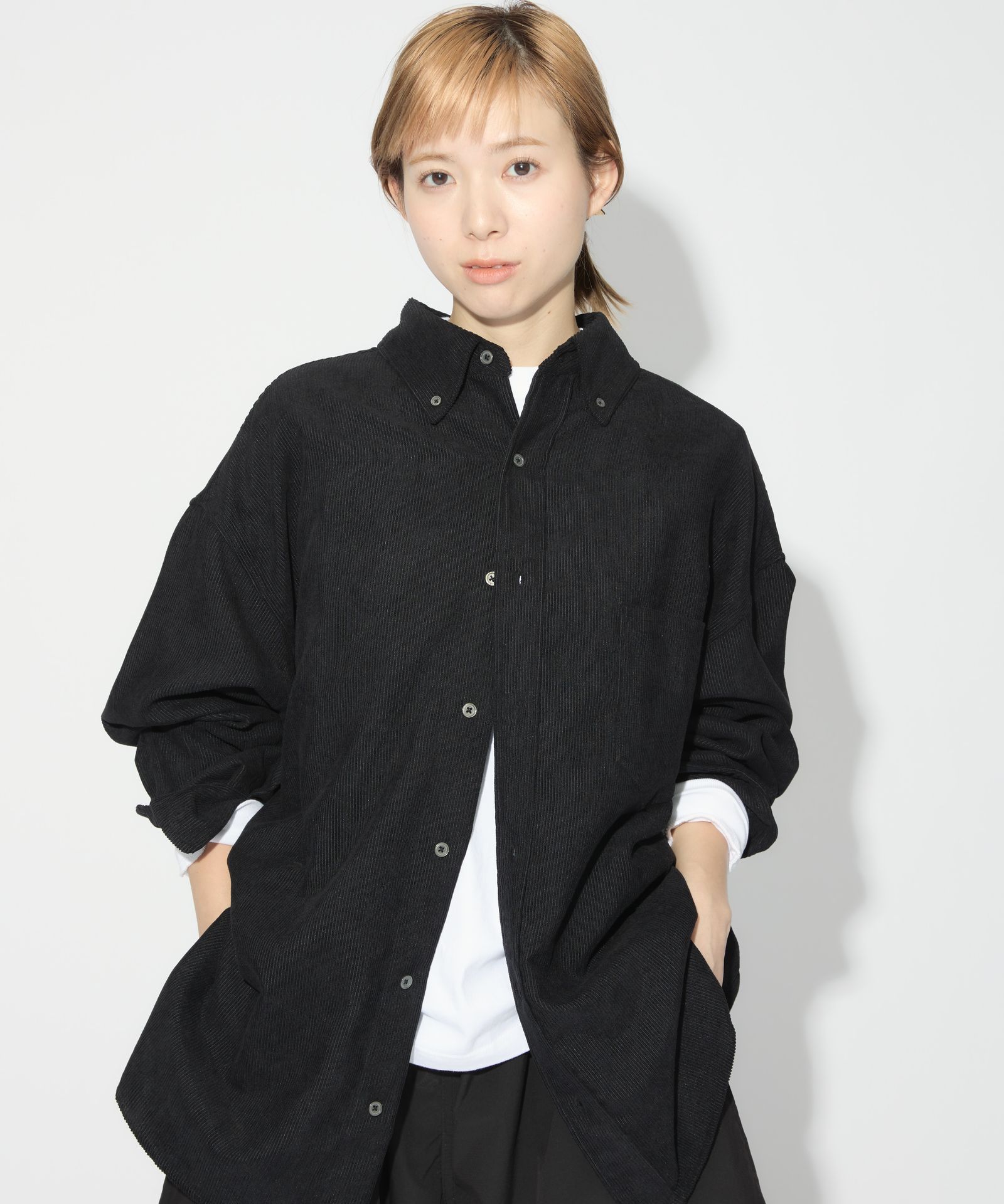 OVERSIZED CORDUROY SHIRT / オーバーサイズ コーデュロイ シャツ / ブラック / MTM-SH-0164-23-C