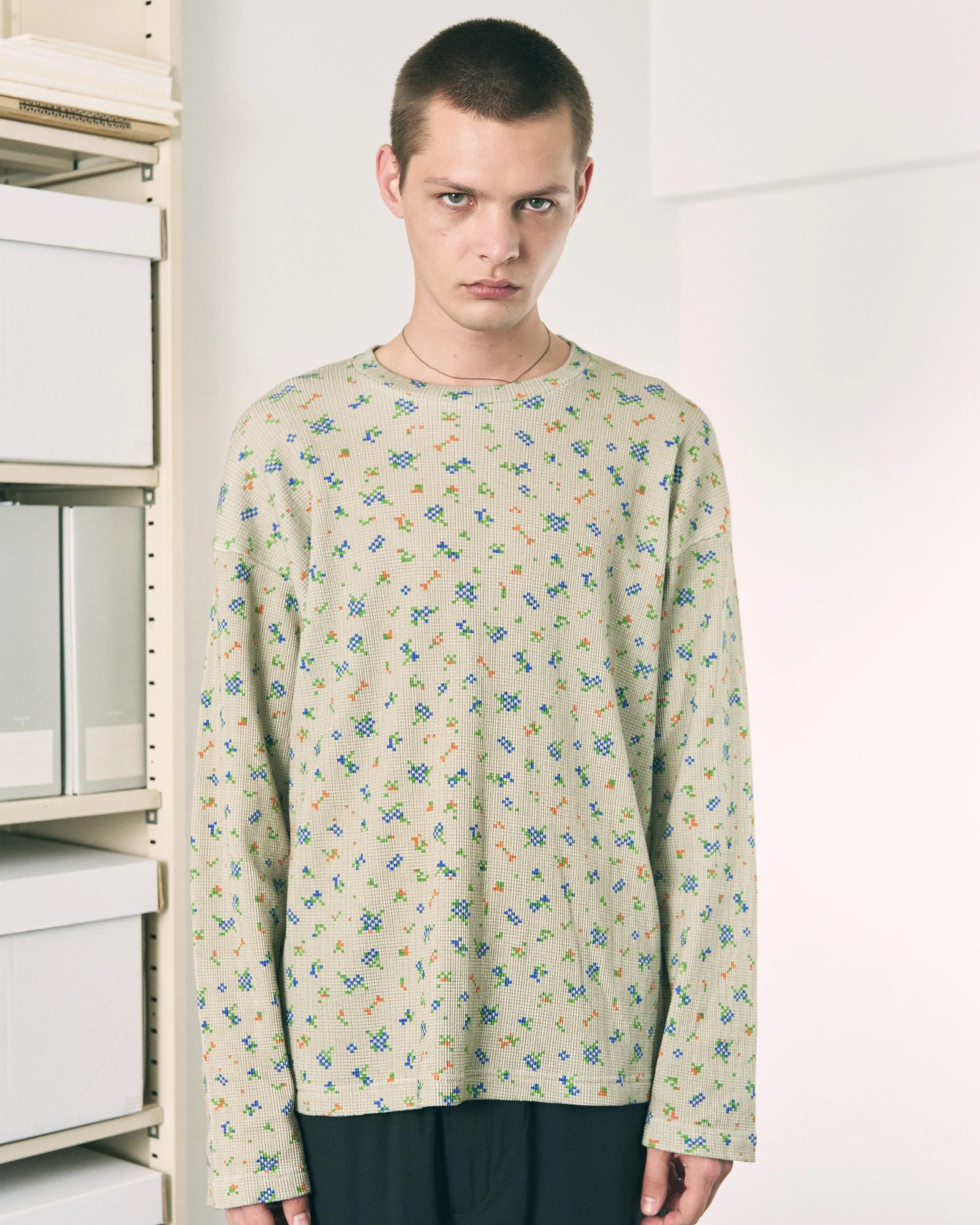 Flower L/S Waffle Thermal / ワッフル ロングスリーブTシャツ / ブラック / PD-262-LCS-021