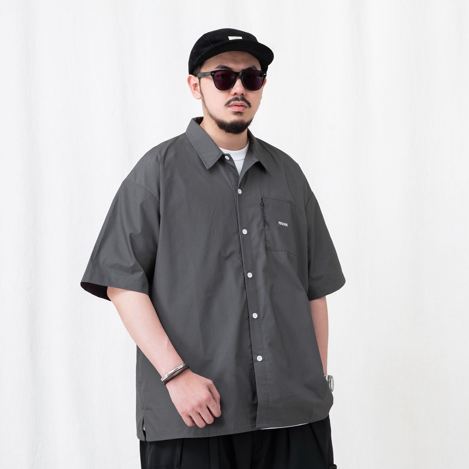 brand logo loose-fit shirt / ダークグレー