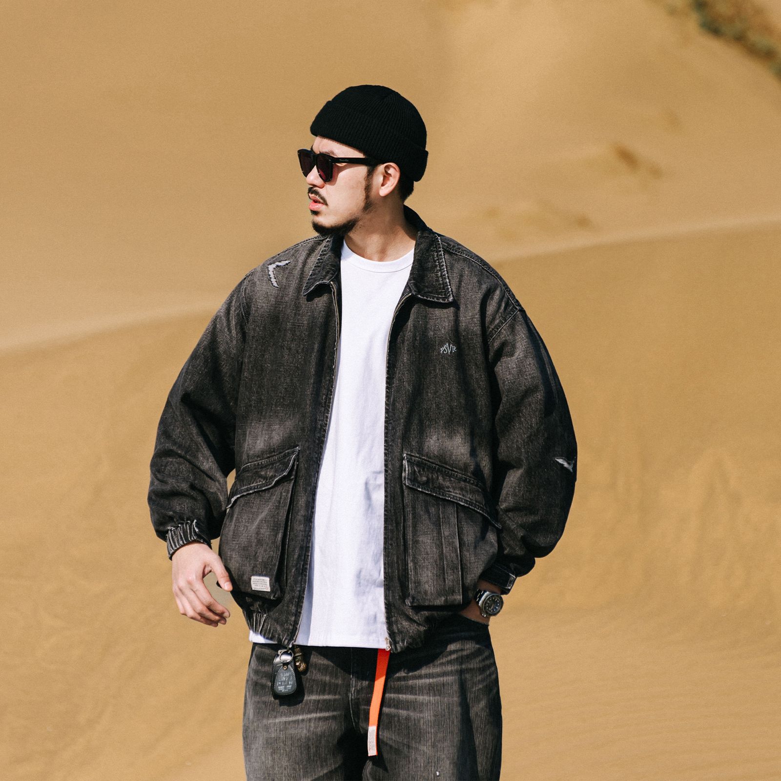 【ラスト1点 XL】distressed denim harrington jacket / ウォッシュドブラック