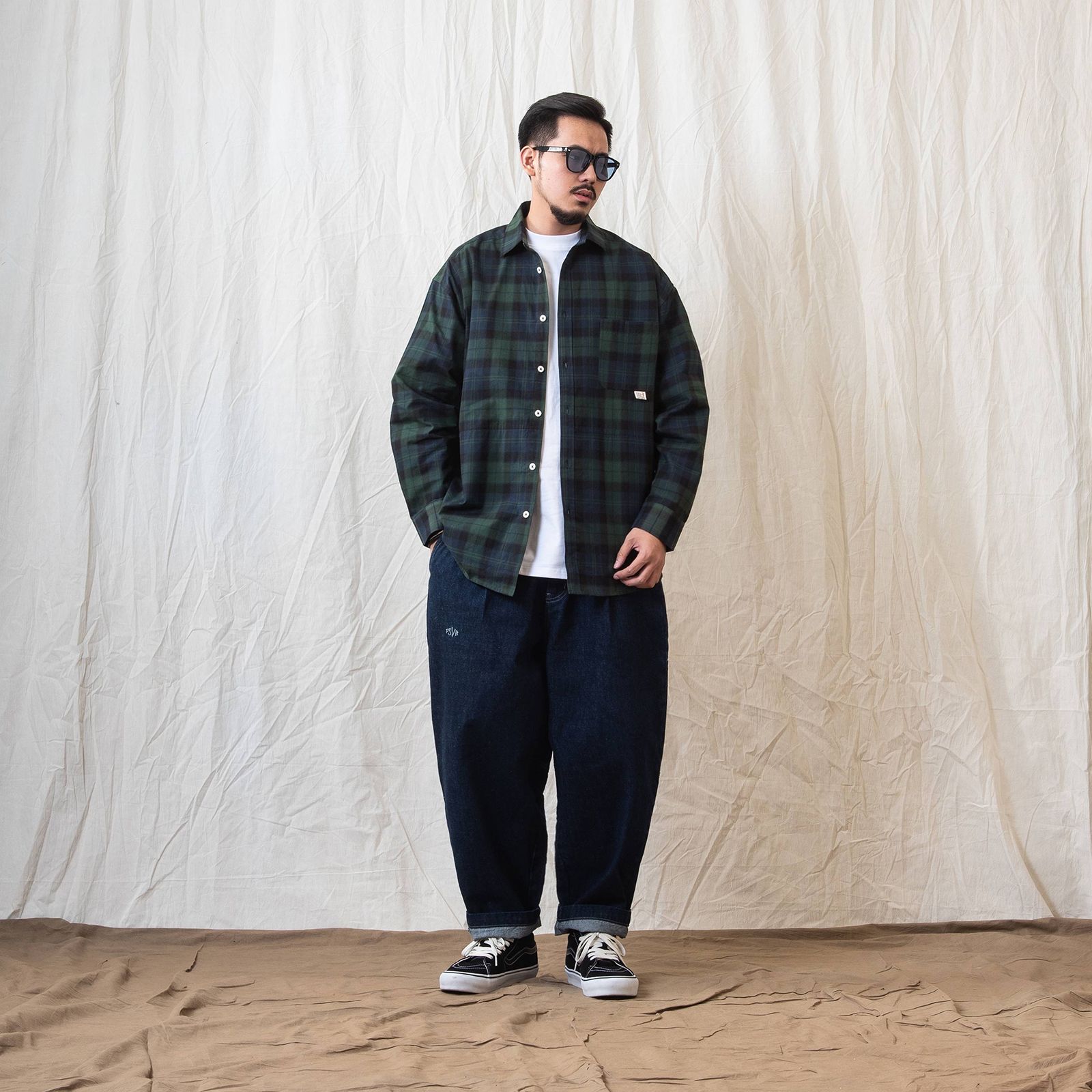 [ラスト1点 M ] persevere long sleeve check shirts / グリーン×ブルー