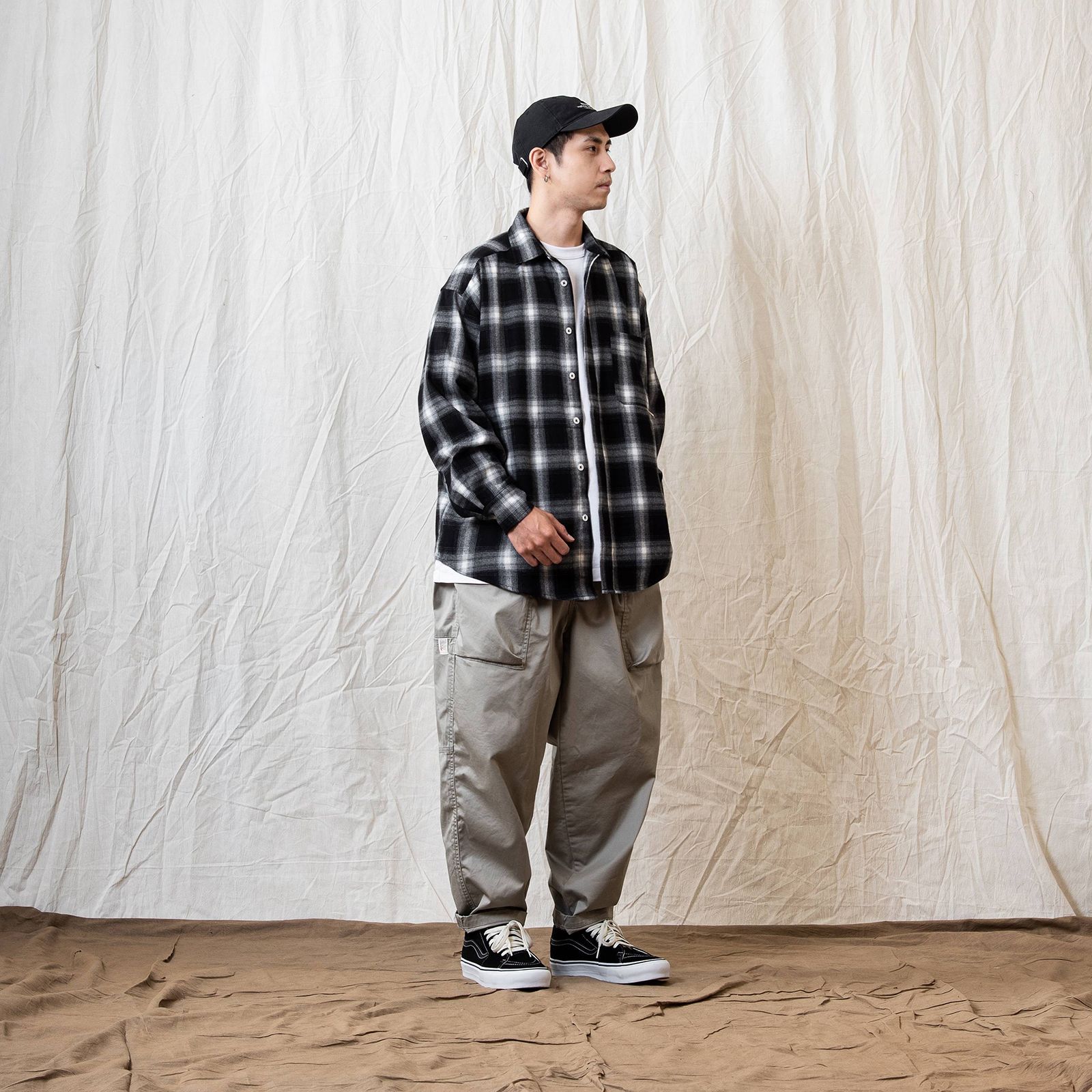 [ラスト1点 L ] persevere long sleeve check shirts / ブラック×ホワイト