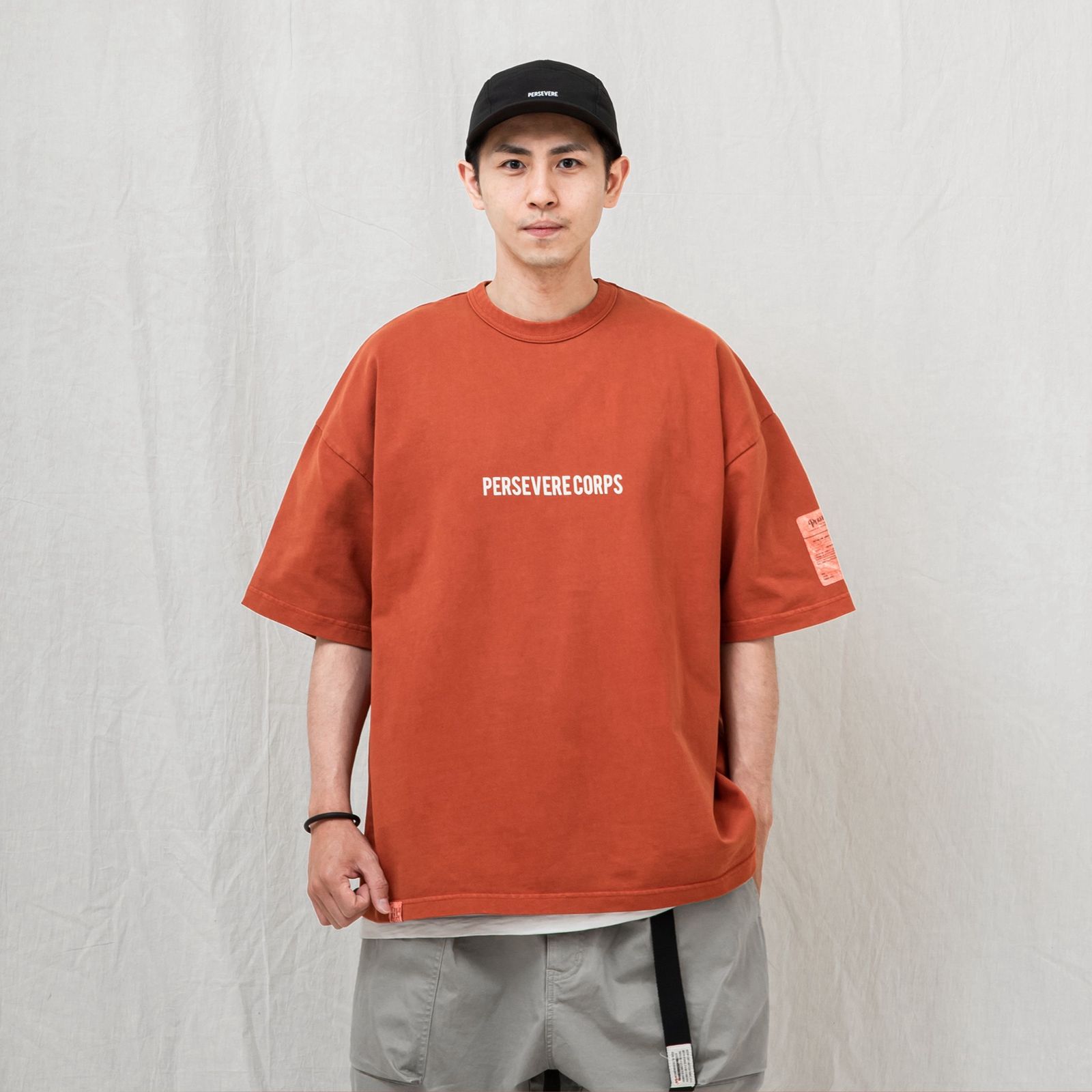 【ラスト1点 M】pigment-dyed catchword t-shirt / ウォッシュドオレンジ