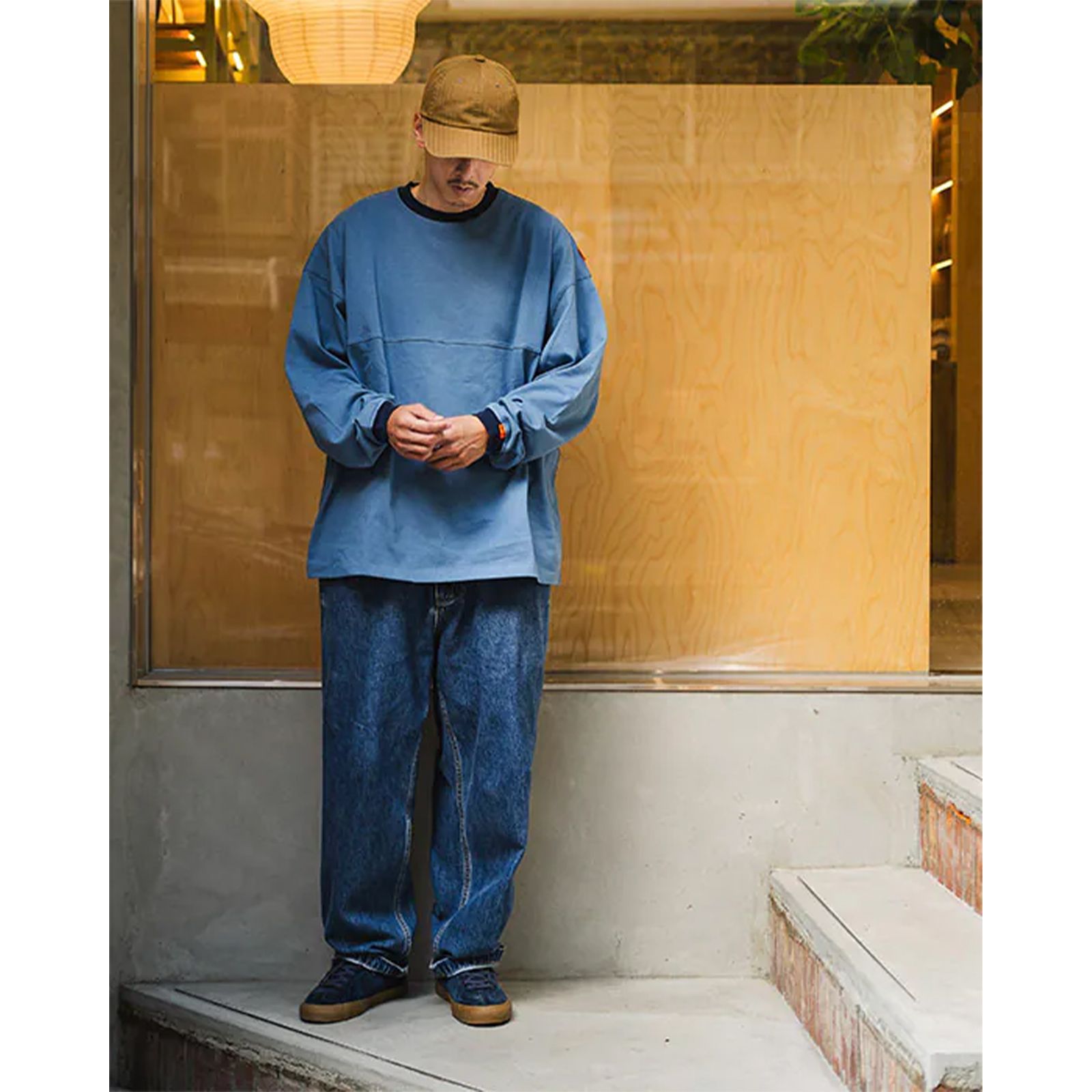 【ラスト1点 4 】BASIC L/S TEE WITH CONTRASTING RIBBED TRIMS / ブルー