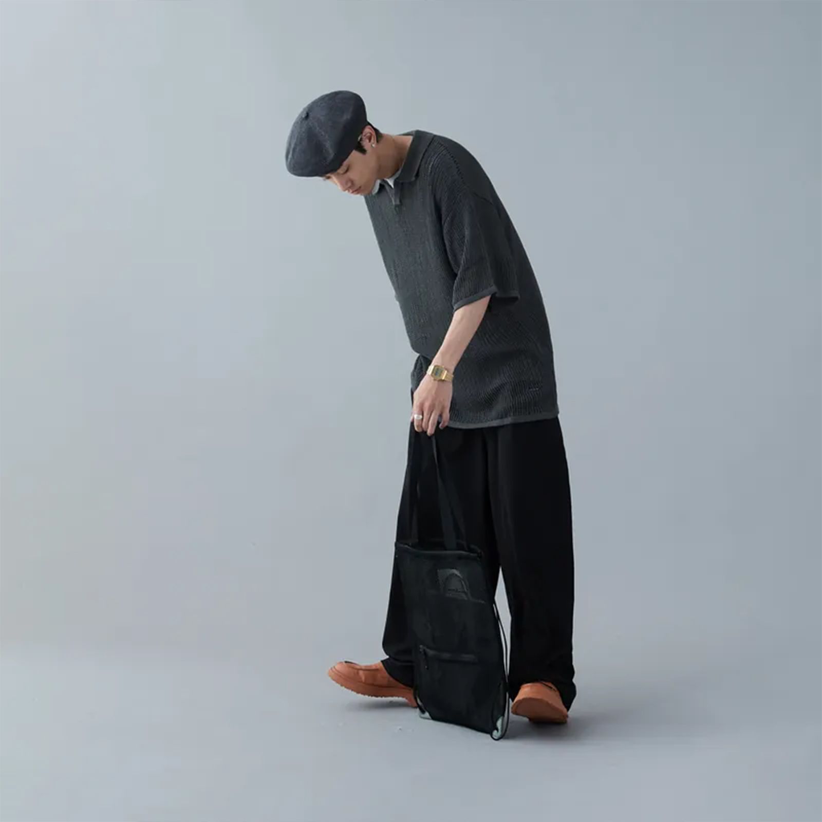 【ラスト1点 3 】Mesh Knitted Polo shirt / ディープグレー