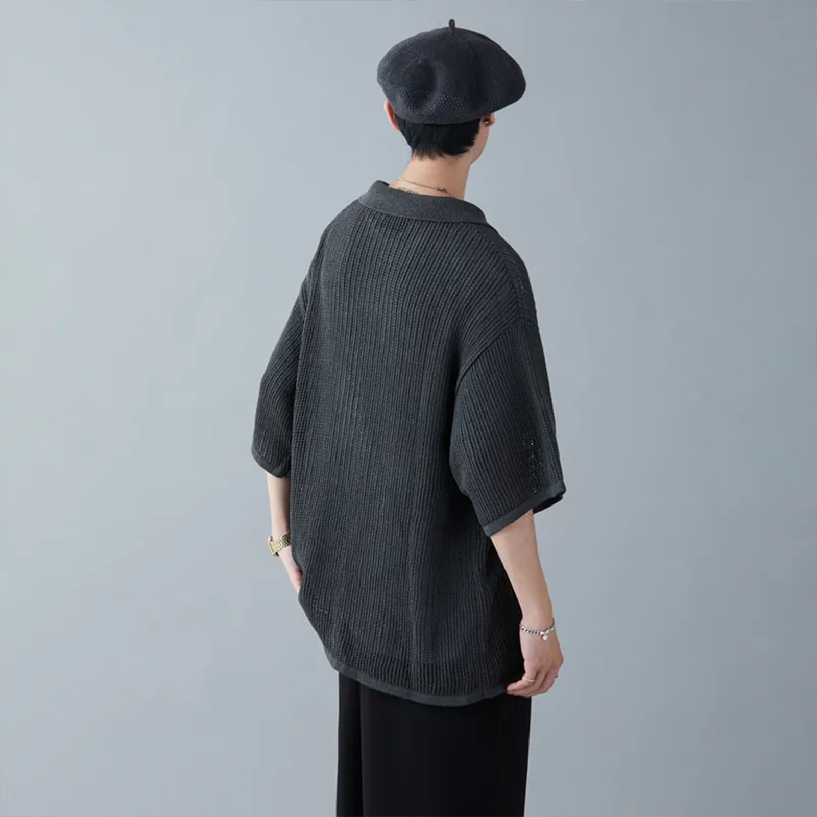 【ラスト1点 3 】Mesh Knitted Polo shirt / ディープグレー