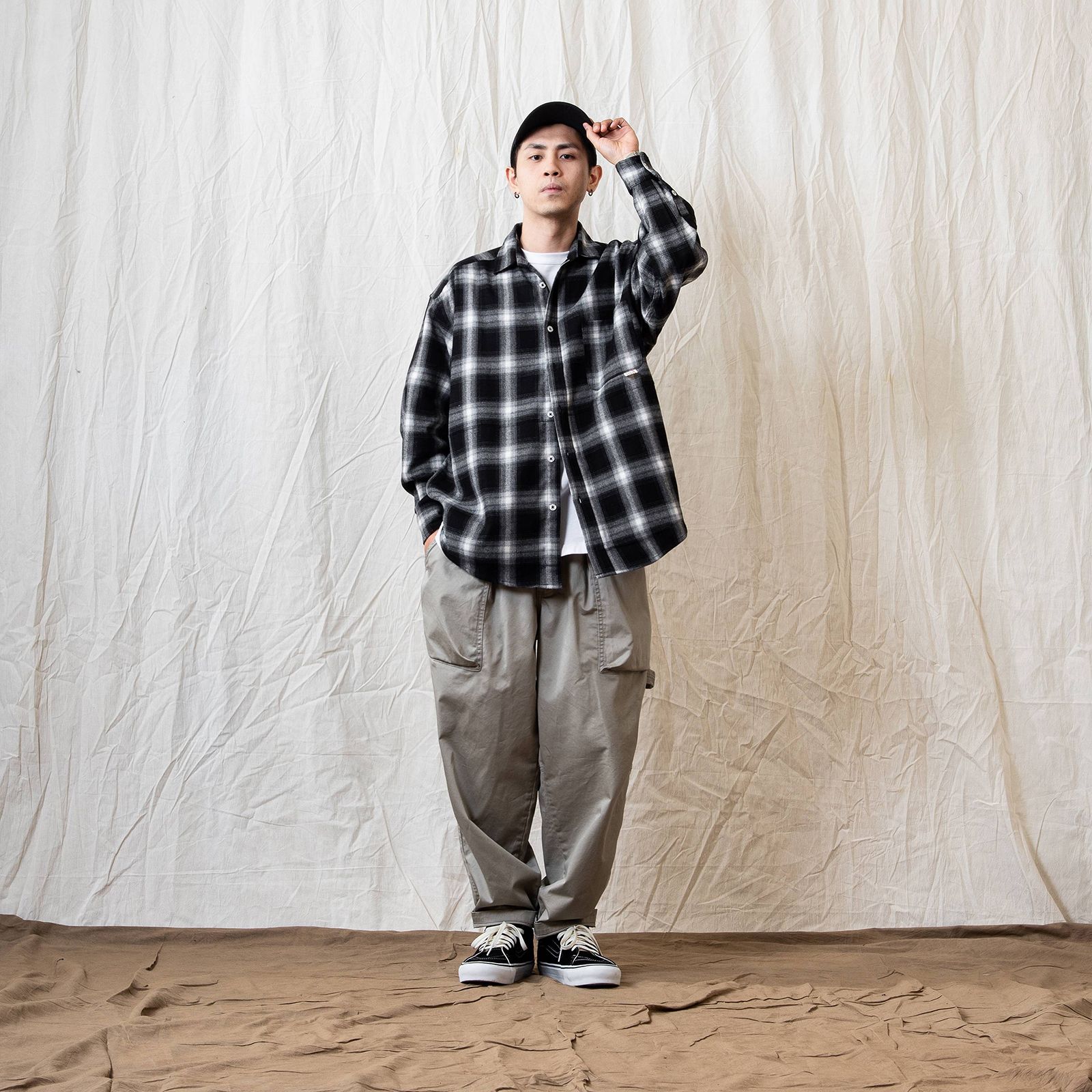 [ラスト1点 L ] persevere long sleeve check shirts / ブラック×ホワイト