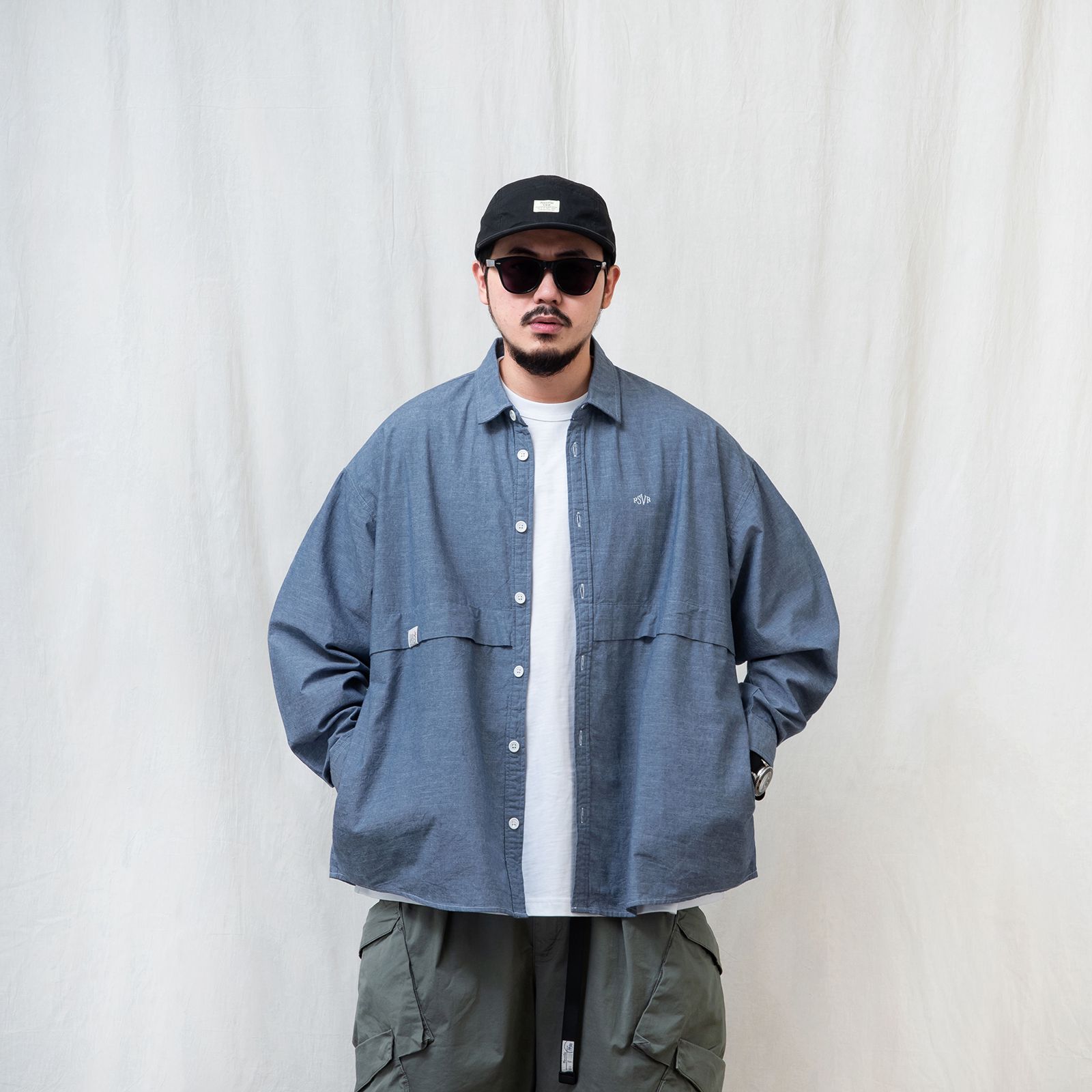 【ラスト1点 L 】brand logo long-sleeve oversized chanbray shirt / ライトブルー