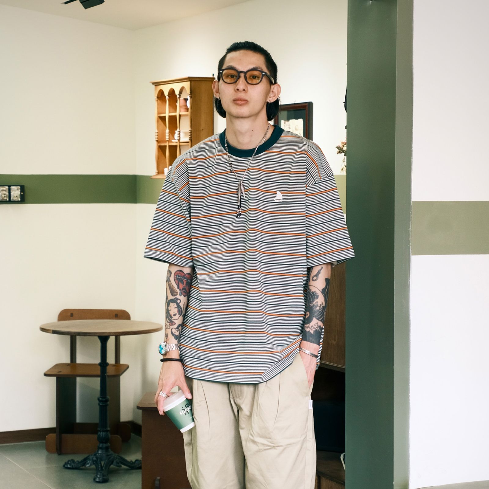 【ラスト1点 L】stripe crewneck lap / ホワイト×オレンジ