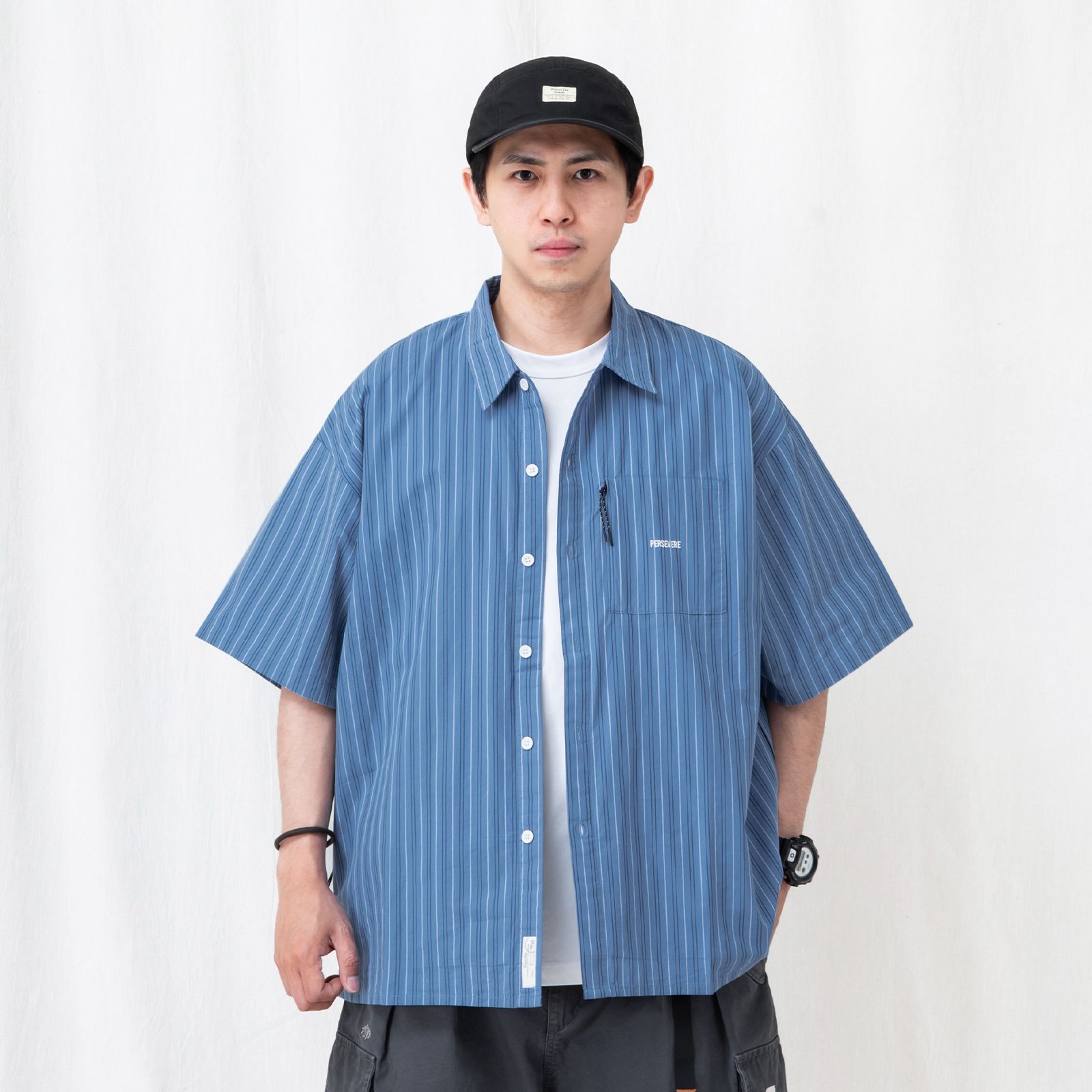 brand logo loose-fit shirt / ブルー&ホワイトストライプ