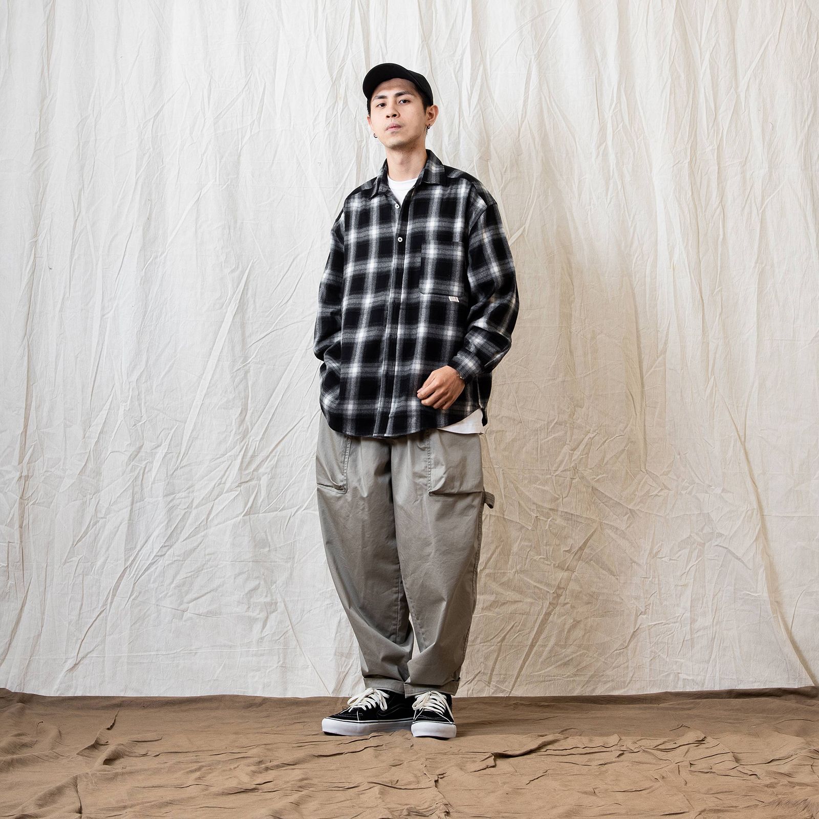 [ラスト1点 L ] persevere long sleeve check shirts / ブラック×ホワイト