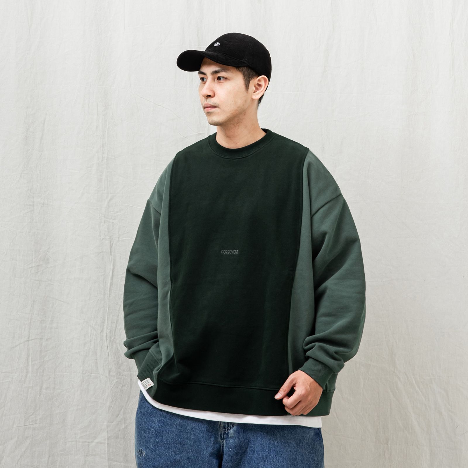 two-tone spliced sweatshirt / ライトグリーン×ダークグリーン