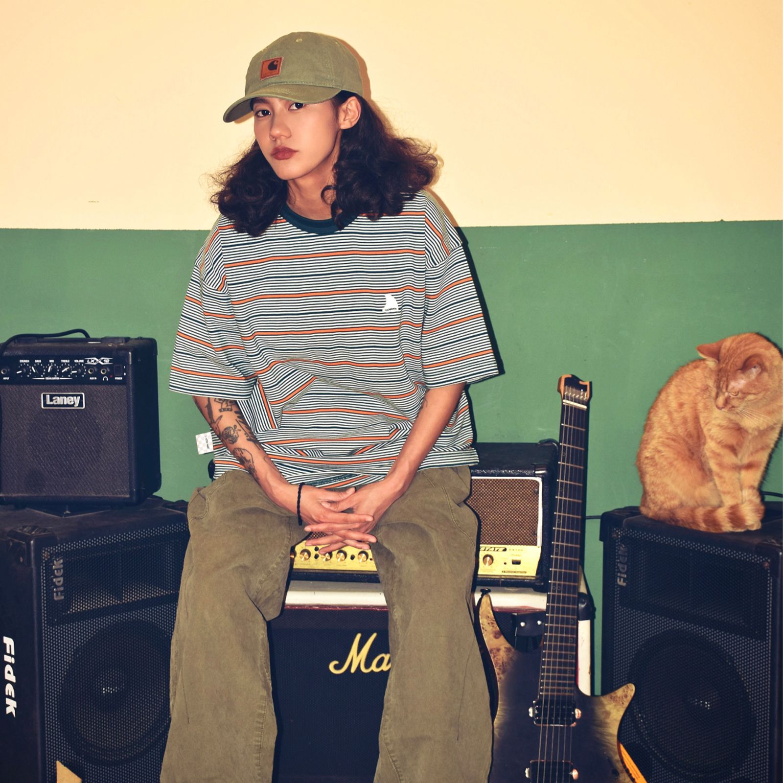 【ラスト1点 L】stripe crewneck lap / ホワイト×オレンジ